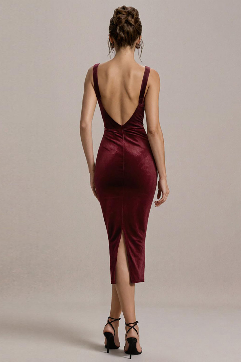 Burgunder Figurbetontes Midi Partykleid aus Samt