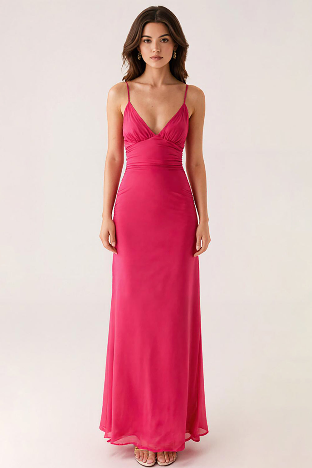 Fuchsia Langes Rückenfreies Abendkleid mit V-Ausschnitt