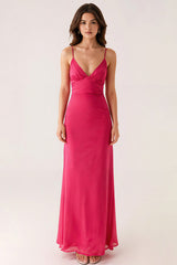 Fuchsia Langes Rückenfreies Abendkleid mit V-Ausschnitt