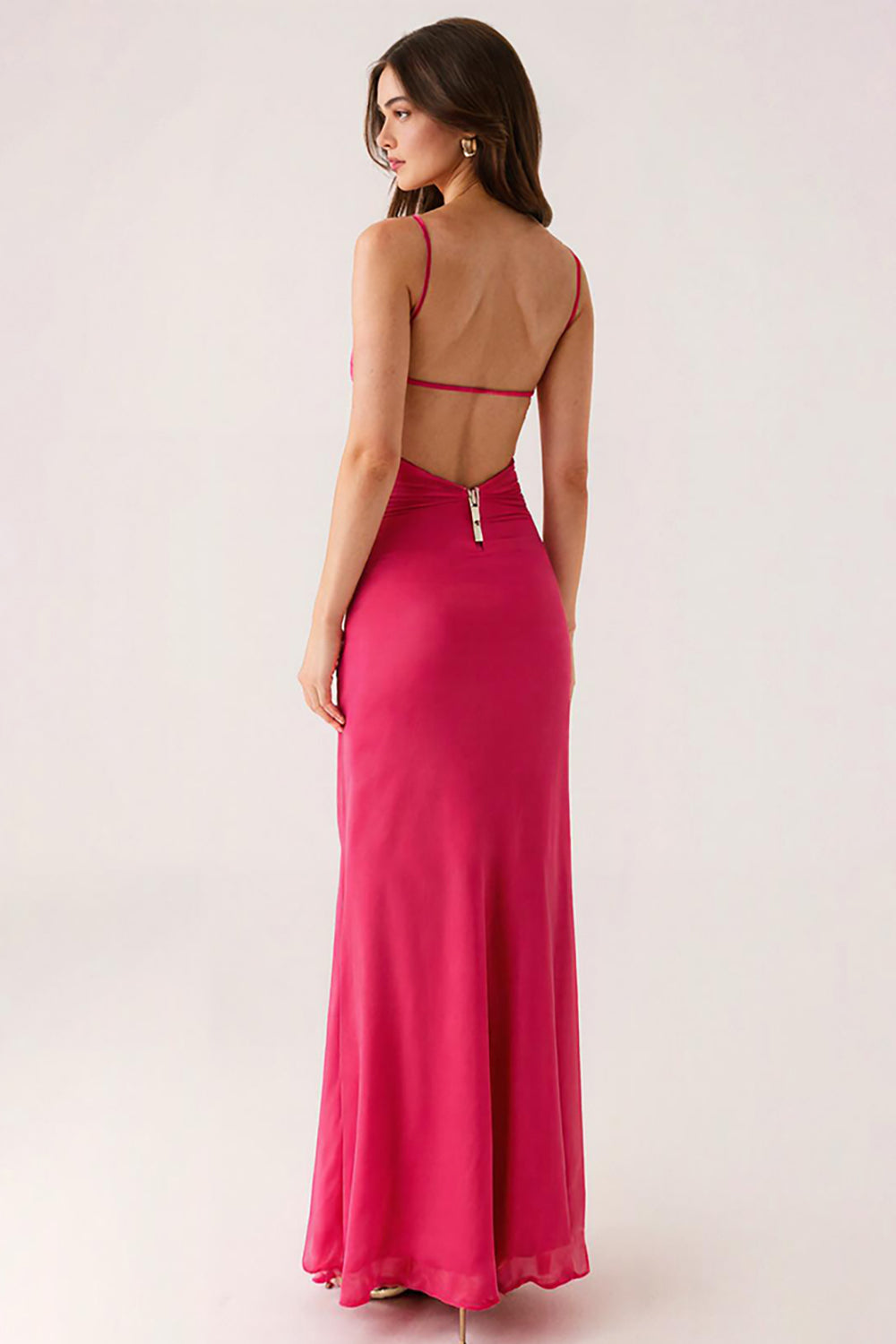 Fuchsia Langes Rückenfreies Abendkleid mit V-Ausschnitt