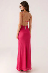 Fuchsia Langes Rückenfreies Abendkleid mit V-Ausschnitt