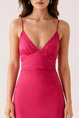 Fuchsia Langes Rückenfreies Abendkleid mit V-Ausschnitt