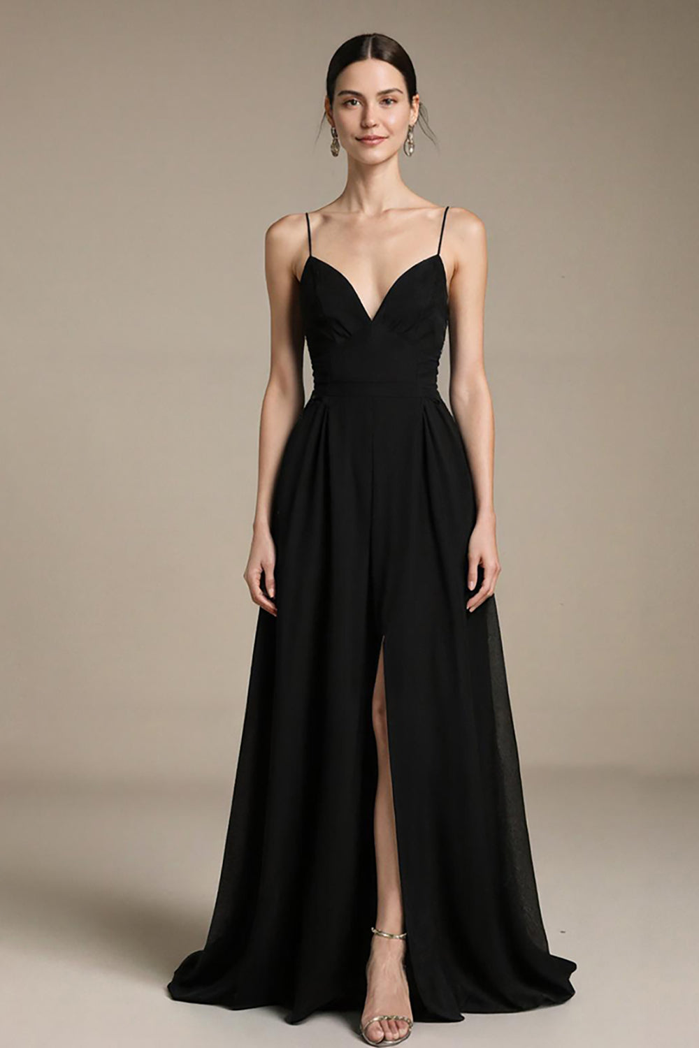 A Linie Schwarzes Abendkleid mit V-Ausschnitt und Schlitz