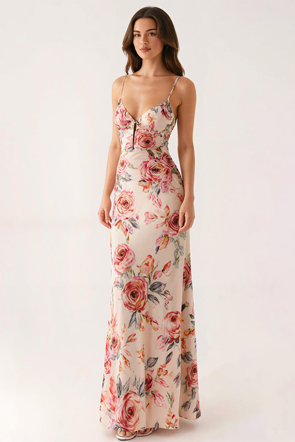 Hellrosa Geblümtes Langes Abendkleid mit V-Ausschnitt