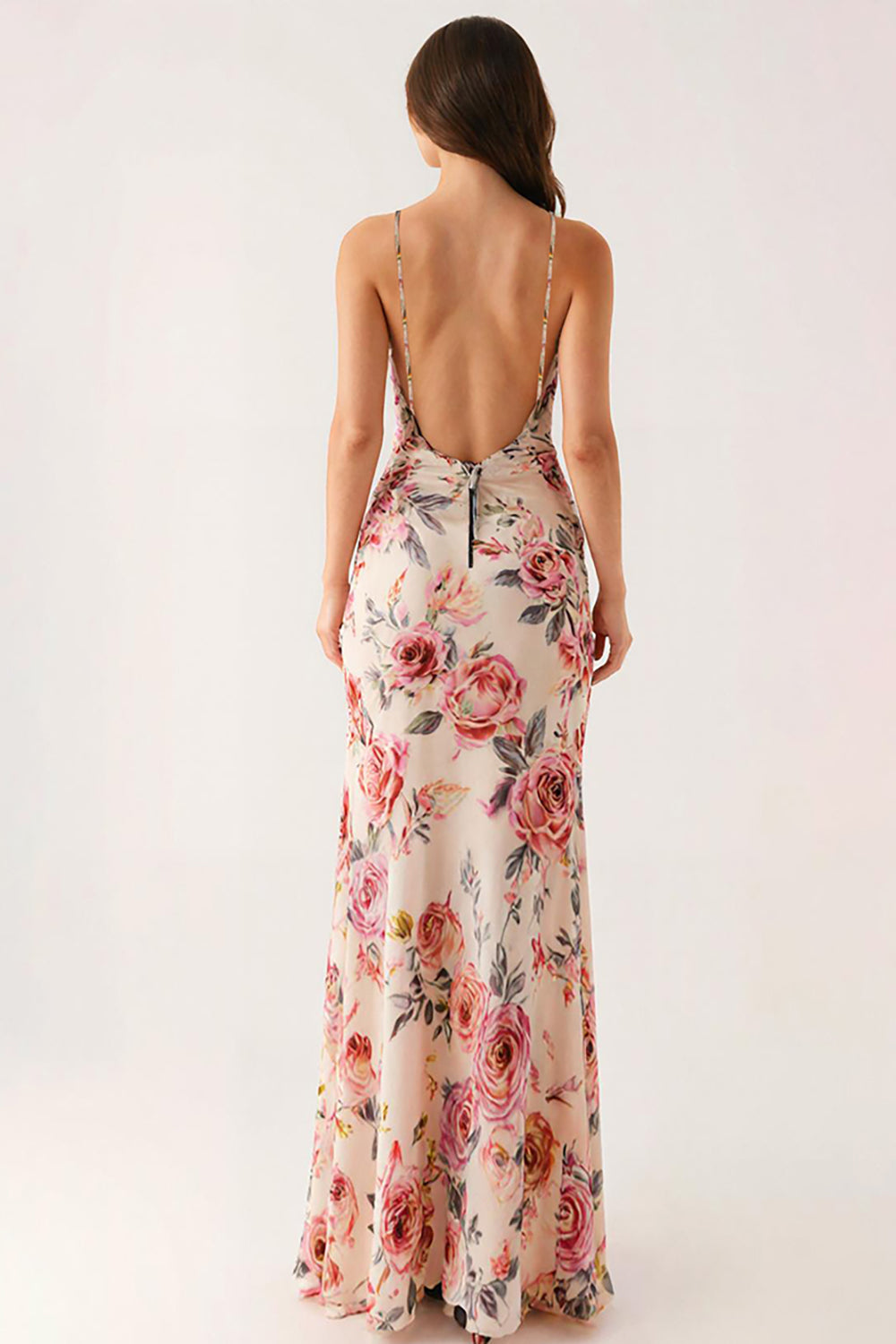 Hellrosa Geblümtes Langes Abendkleid mit V-Ausschnitt