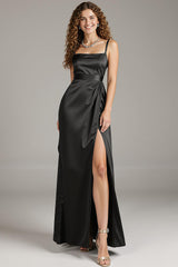 Schwarzes Satin Spaghettiträger Etui Langes Ballkleid mit Schlitz