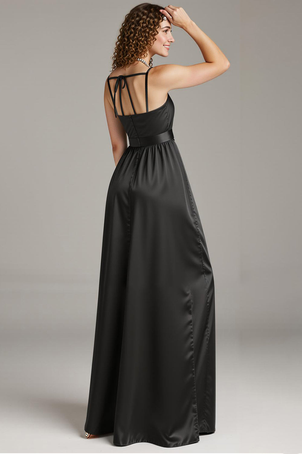 Schwarzes Satin Spaghettiträger Etui Langes Ballkleid mit Schlitz