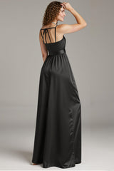 Schwarzes Satin Spaghettiträger Etui Langes Ballkleid mit Schlitz