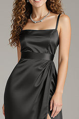 Schwarzes Satin Spaghettiträger Etui Langes Ballkleid mit Schlitz