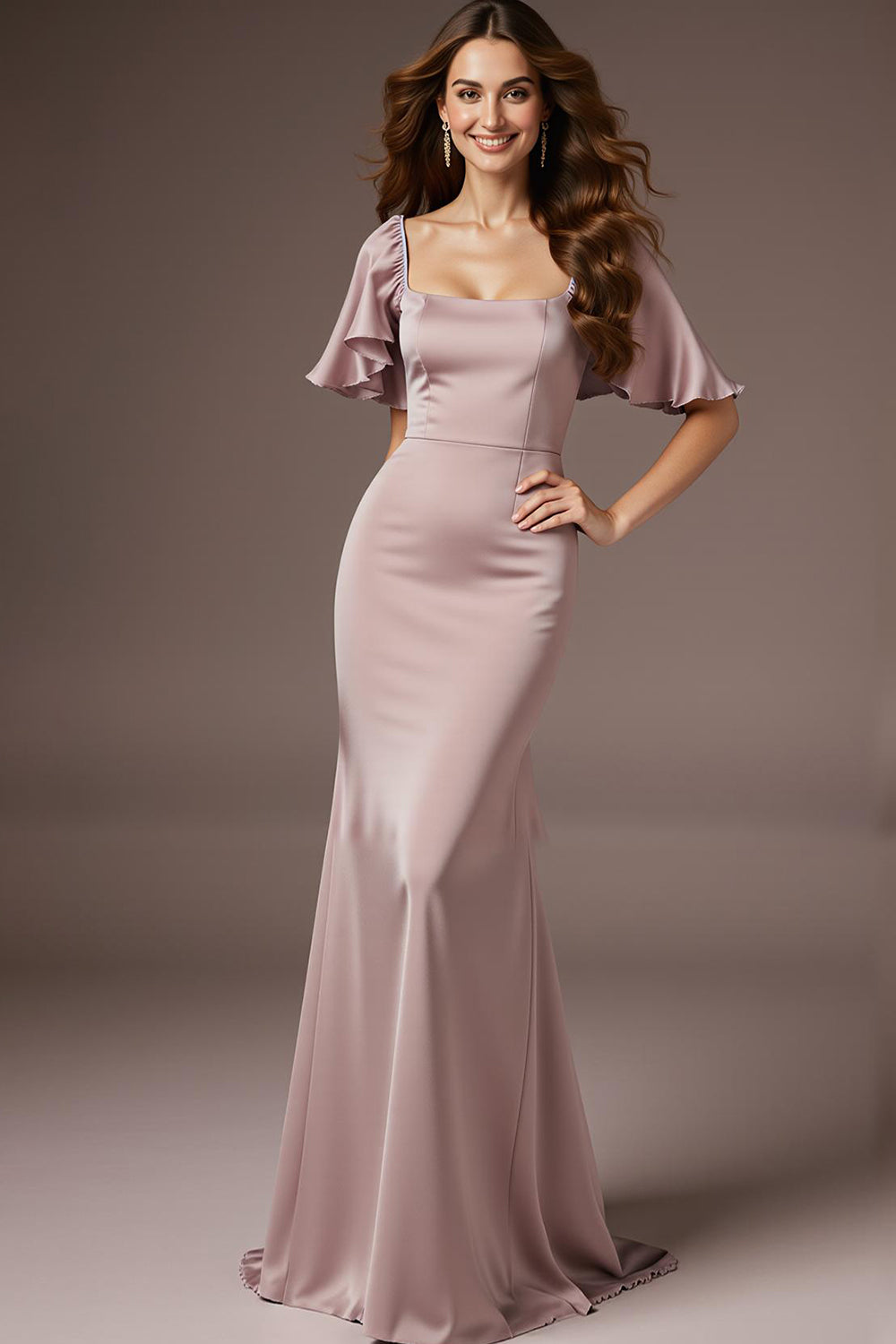 Hellrosa Satin Meerjungfrau Langes Hochzeitsgastkleid mit Ärmeln und quadratischem Ausschnitt