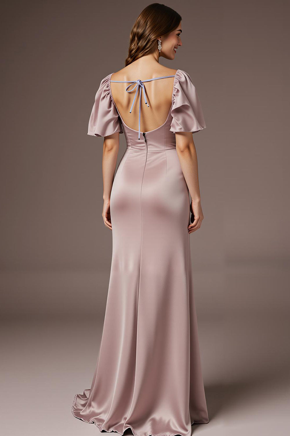 Hellrosa Satin Meerjungfrau Langes Hochzeitsgastkleid mit Ärmeln und quadratischem Ausschnitt