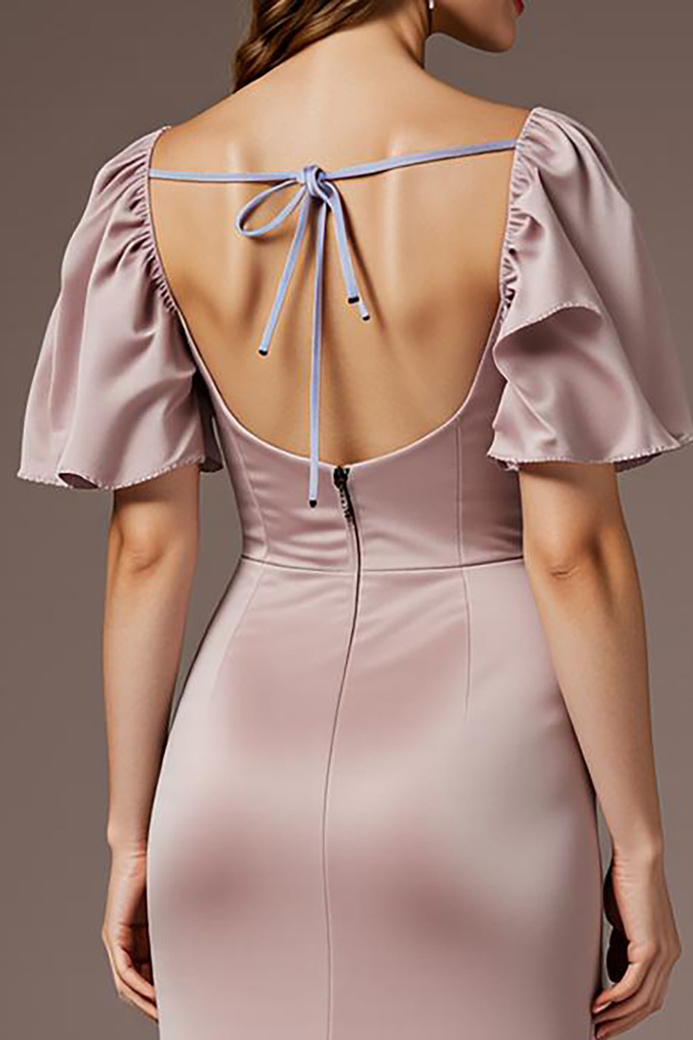 Hellrosa Satin Meerjungfrau Langes Hochzeitsgastkleid mit Ärmeln und quadratischem Ausschnitt