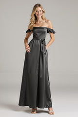 Schwarzes Schulterfreies Langes Abendkleid aus Satin mit Rüschen