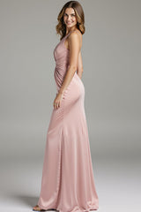 Hellrosa Satin Meerjungfrau Gerafftes Langes Ballkleid