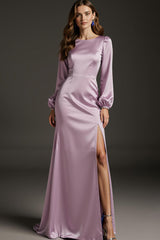 Helllila Satin Meerjungfrau Langärmeliges Ballkleid mit Schlitz