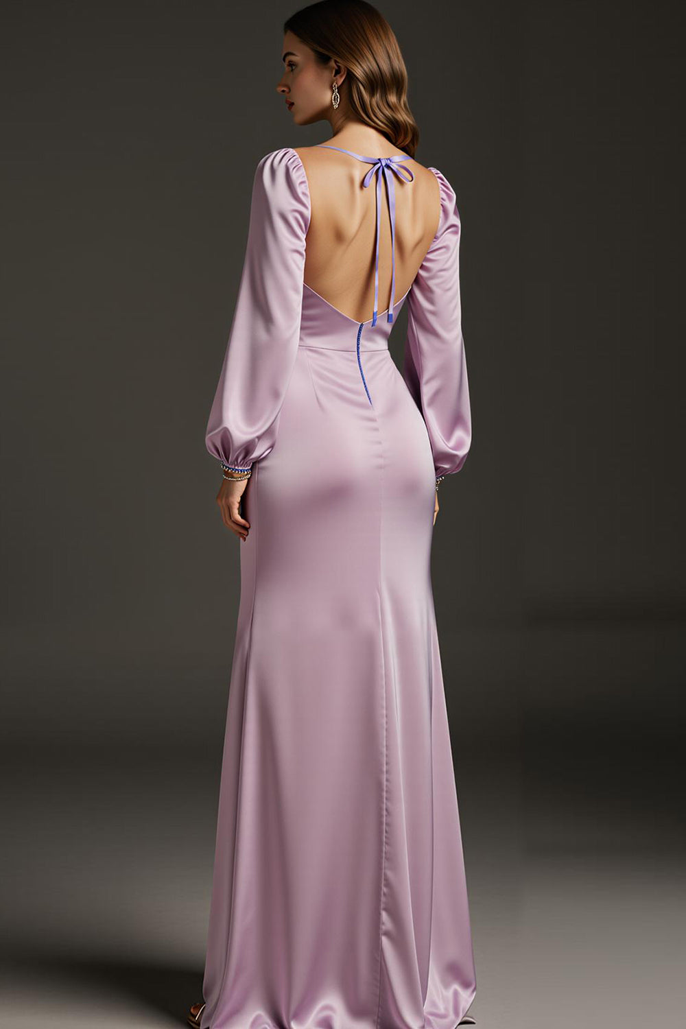 Helllila Satin Meerjungfrau Langärmeliges Ballkleid mit Schlitz