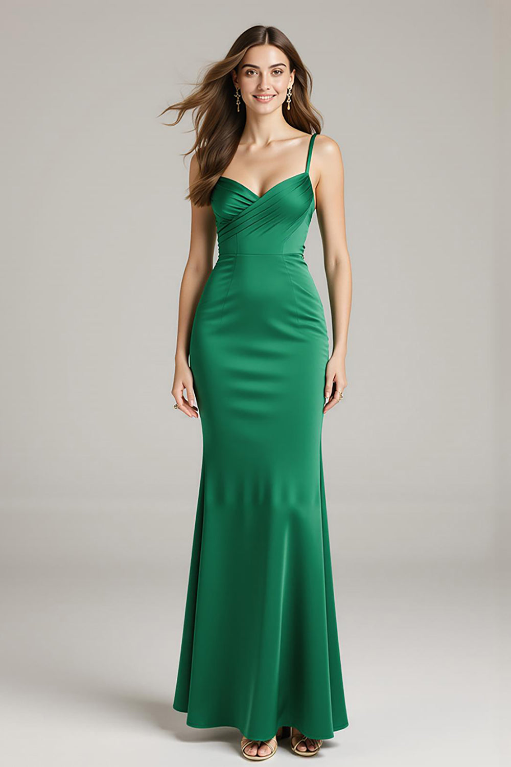 Grünes Satin Meerjungfrauen Spaghettiträger Langes Ballkleid
