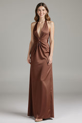 Kaffee Etui Satin Neckholder Langes Ballkleid