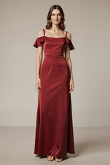 Rotes Schulterfreies Satin Etui Langes Abendkleid