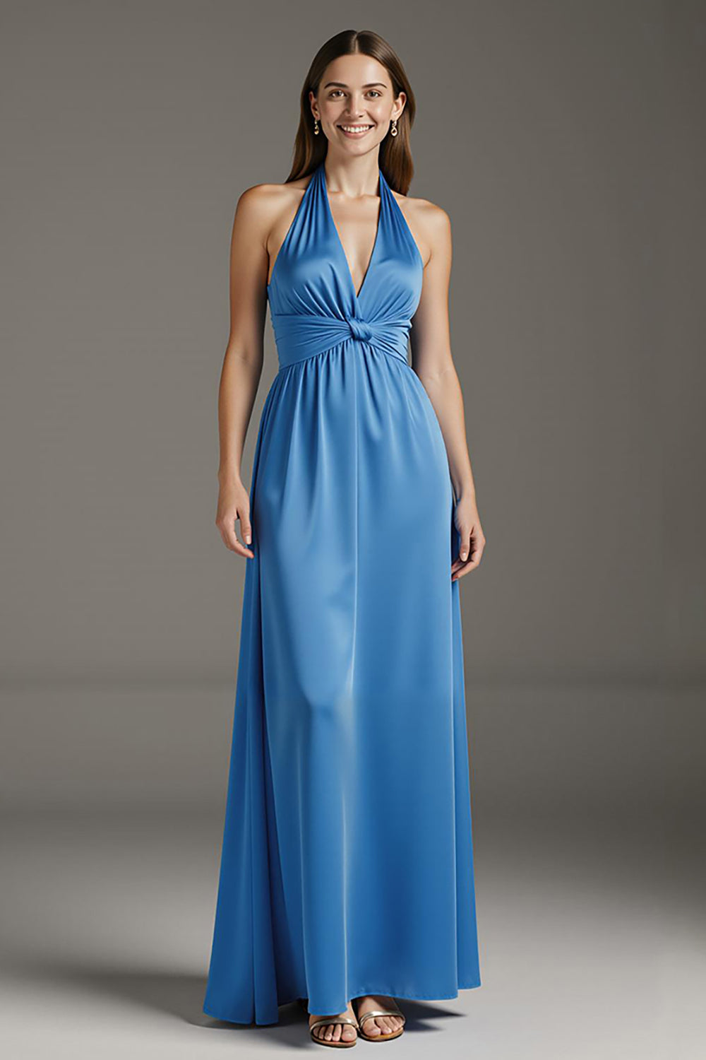 Seeblaues Langes Abendkleid aus Satin in A-Linie