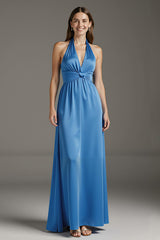 Seeblaues Langes Abendkleid aus Satin in A-Linie