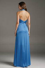 Seeblaues Langes Abendkleid aus Satin in A-Linie