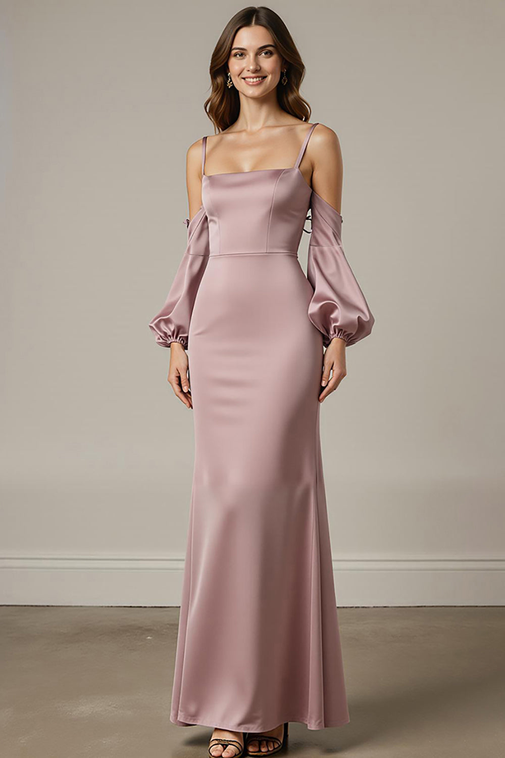 Hellrosa Meerjungfrau Satin Langes Ballkleid mit Ärmeln