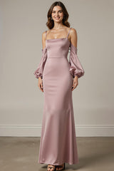 Hellrosa Meerjungfrau Satin Langes Ballkleid mit Ärmeln