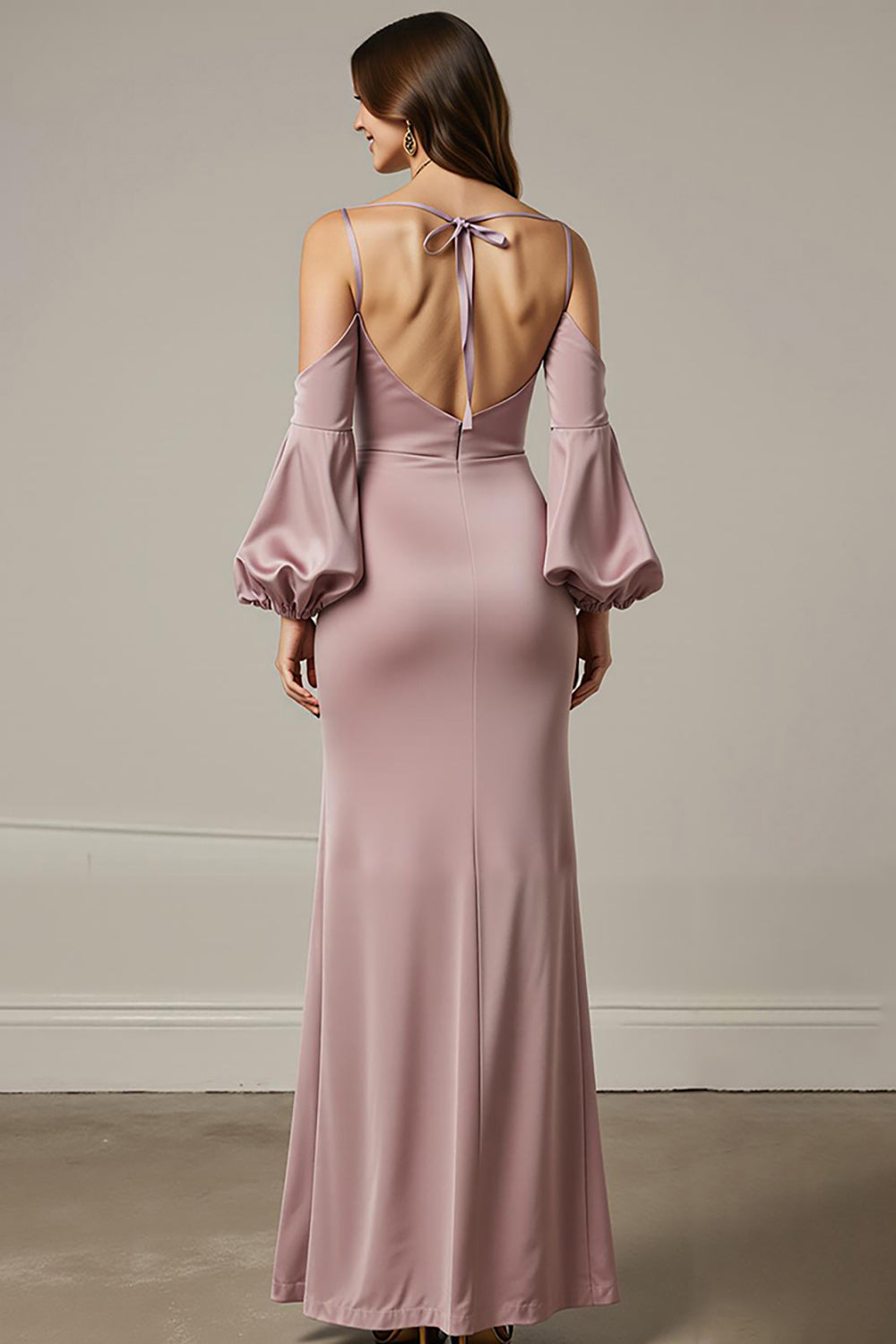 Hellrosa Meerjungfrau Satin Langes Ballkleid mit Ärmeln