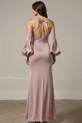 Hellrosa Meerjungfrau Satin Langes Ballkleid mit Ärmeln