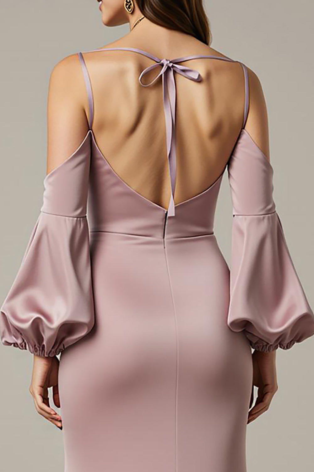 Hellrosa Meerjungfrau Satin Langes Ballkleid mit Ärmeln