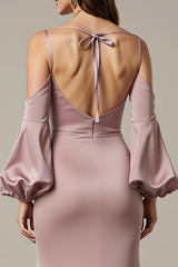 Hellrosa Meerjungfrau Satin Langes Ballkleid mit Ärmeln