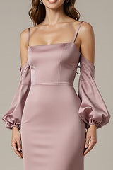 Hellrosa Meerjungfrau Satin Langes Ballkleid mit Ärmeln