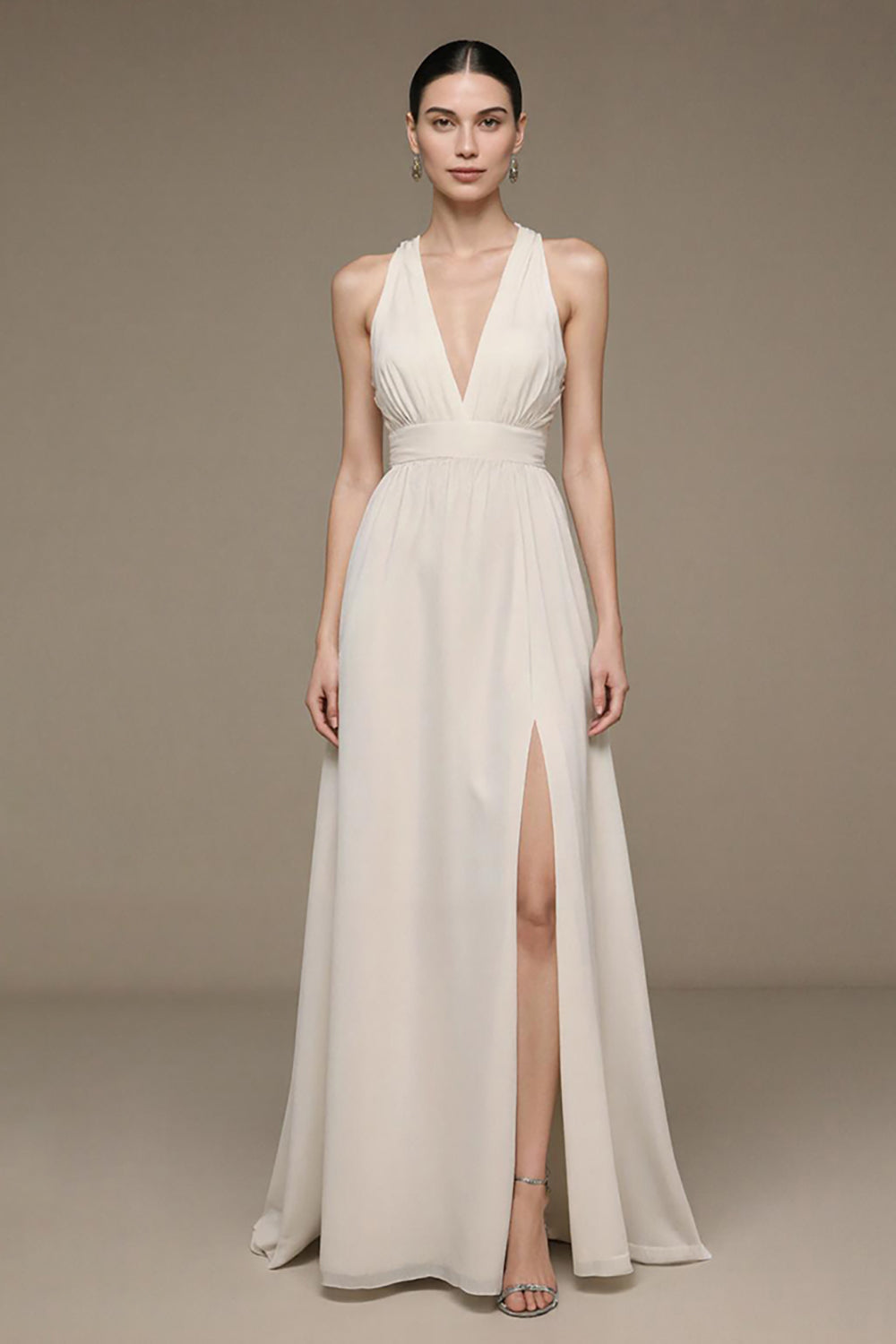 Elfenbein A-Linie Standesamtkleid mit V-Ausschnitt und Schlitz
