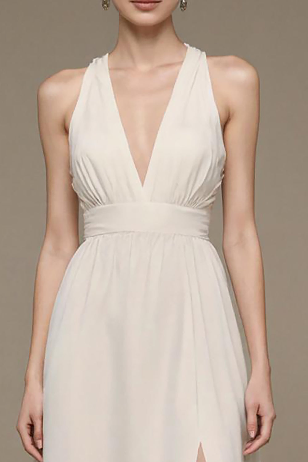 Elfenbein A-Linie Standesamtkleid mit V-Ausschnitt und Schlitz