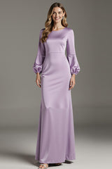 Hellviolettes Satin Etui Langes Ballkleid mit Ärmeln