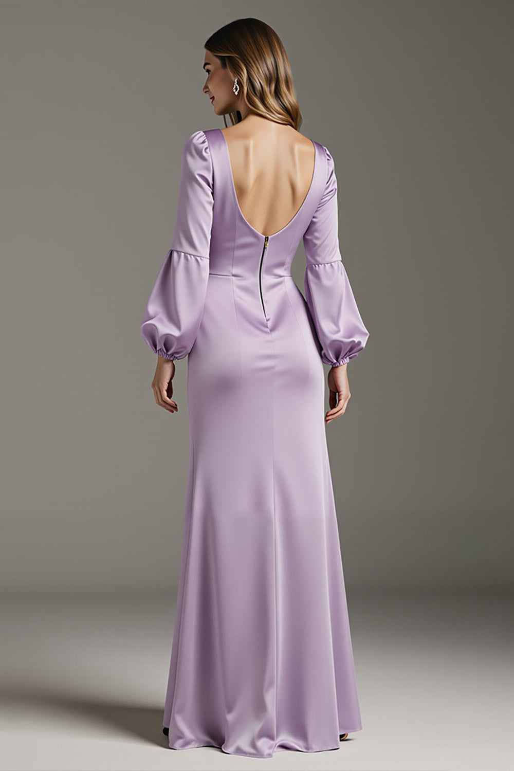 Hellviolettes Satin Etui Langes Ballkleid mit Ärmeln
