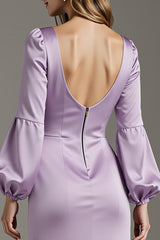Hellviolettes Satin Etui Langes Ballkleid mit Ärmeln