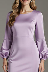 Hellviolettes Satin Etui Langes Ballkleid mit Ärmeln