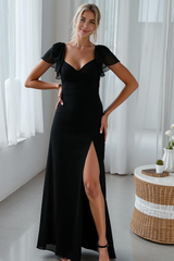 Schwarzes A-Linie Brautjungfernkleid mit kurzen Ärmeln und Schlitz
