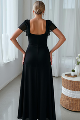 Schwarzes A-Linie Brautjungfernkleid mit kurzen Ärmeln und Schlitz