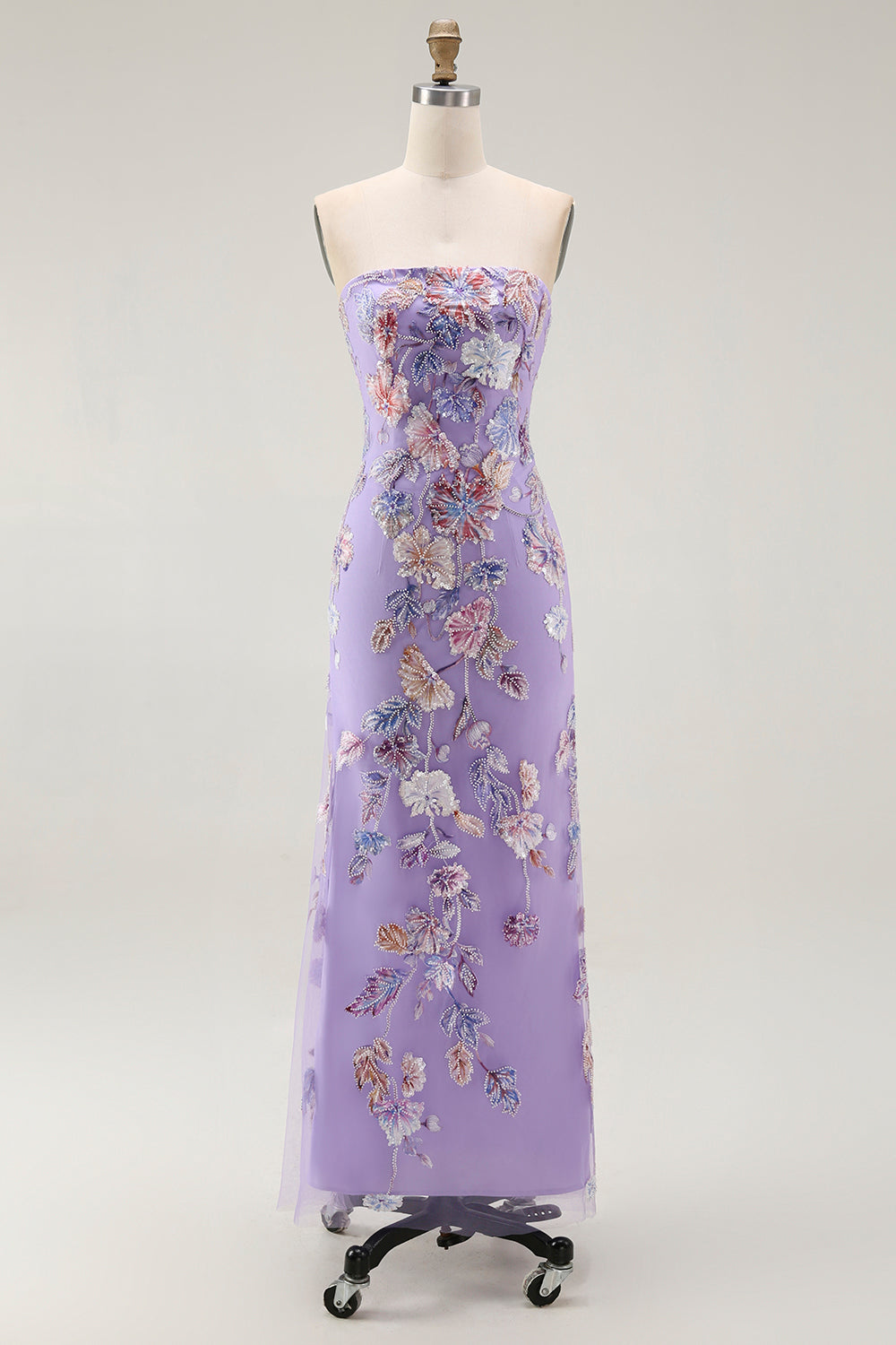 Trägerloses Lila Blumen Etui Ballkleid mit Perlen