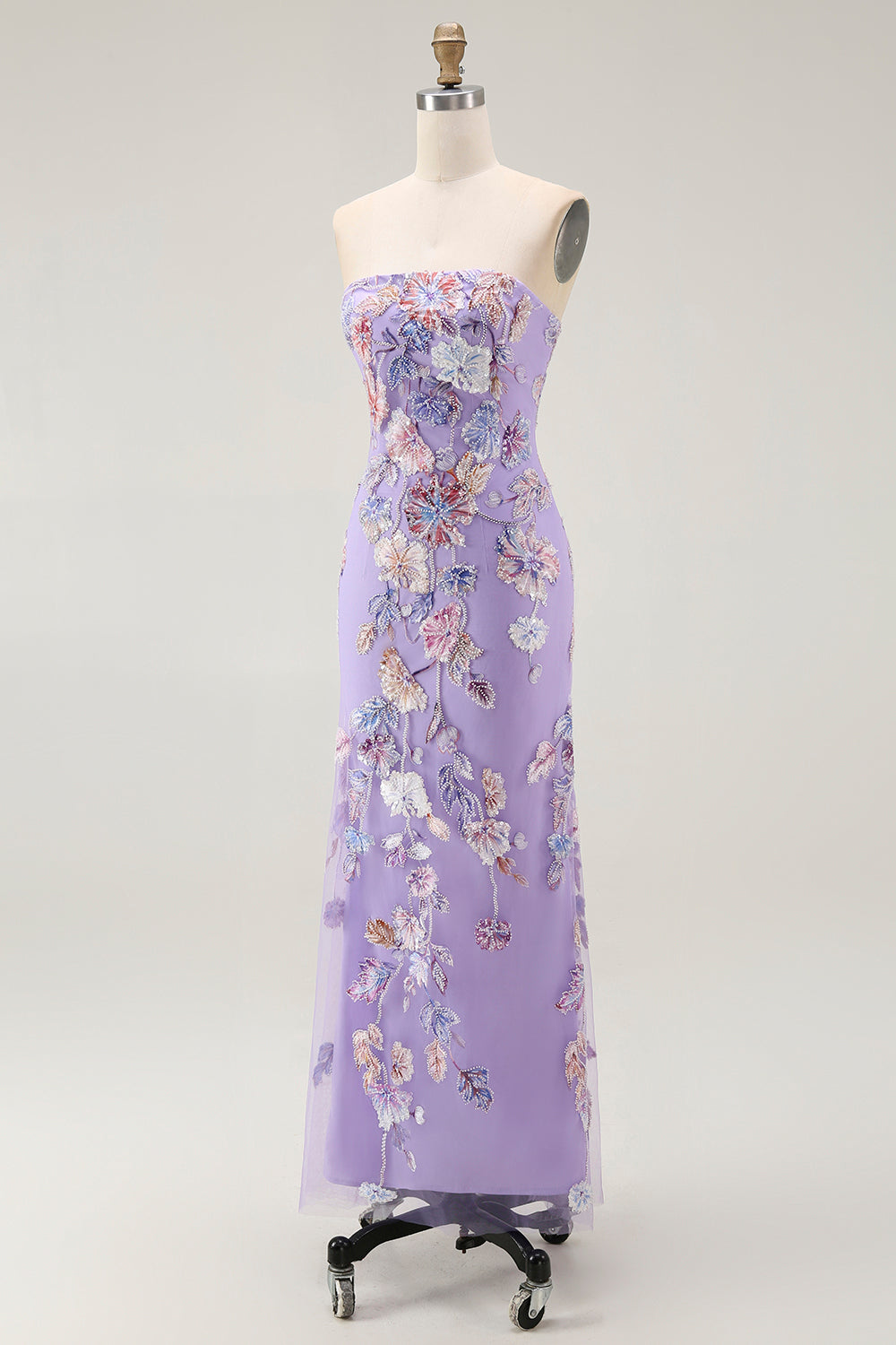 Trägerloses Lila Blumen Etui Ballkleid mit Perlen