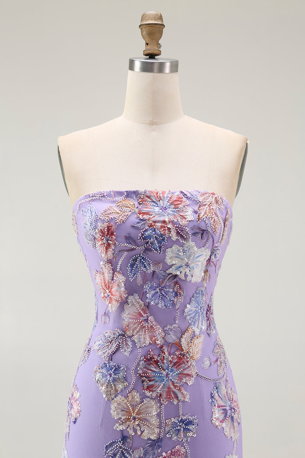Trägerloses Lila Blumen Etui Ballkleid mit Perlen