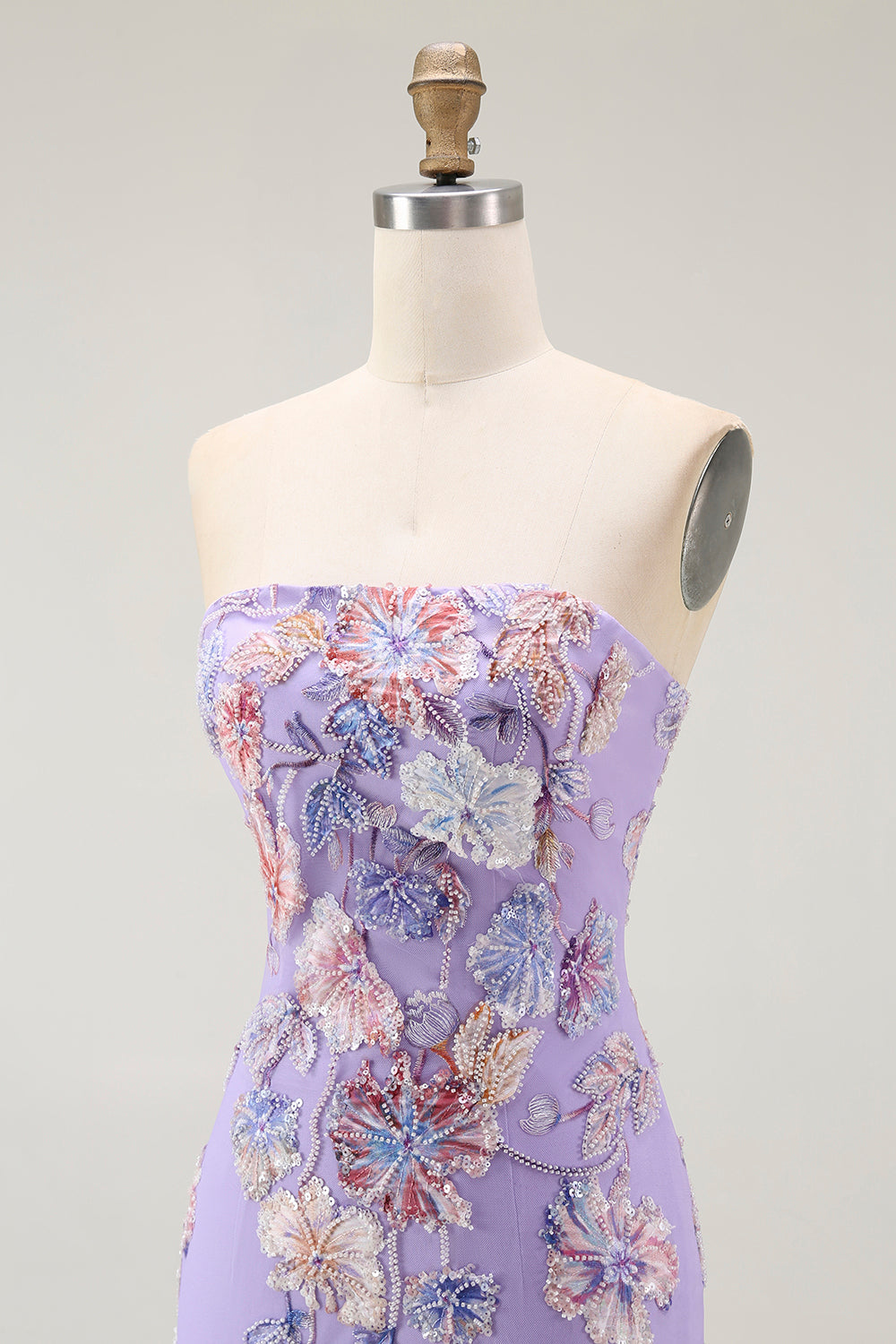 Trägerloses Lila Blumen Etui Ballkleid mit Perlen