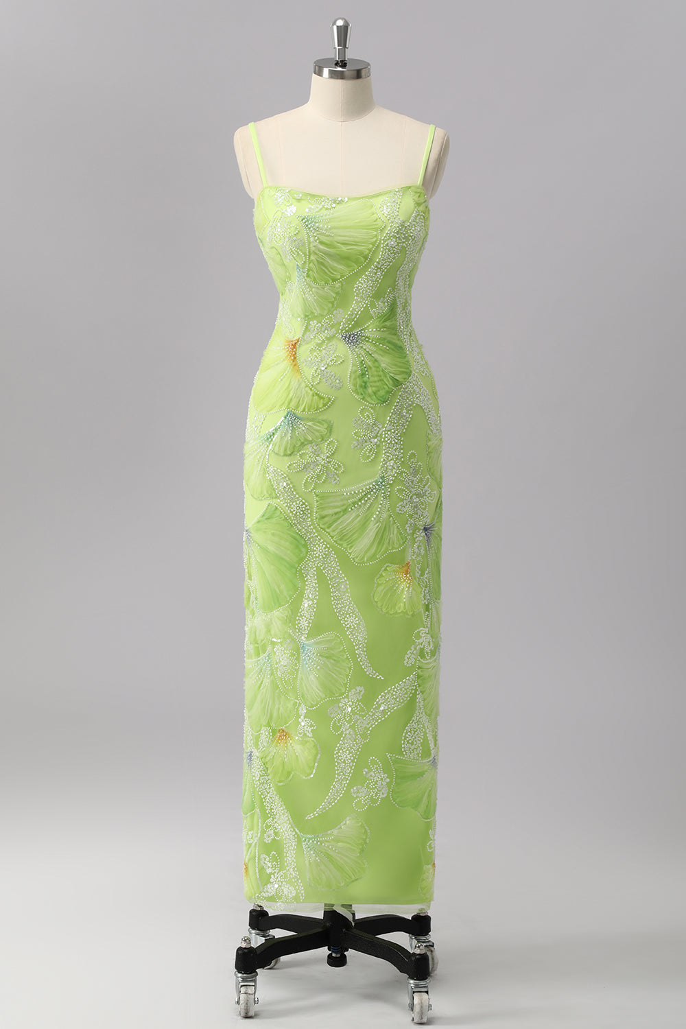 Grüne Etui Pailletten Spaghettiträger Perlenbesetztes Ballkleid mit Schlitz