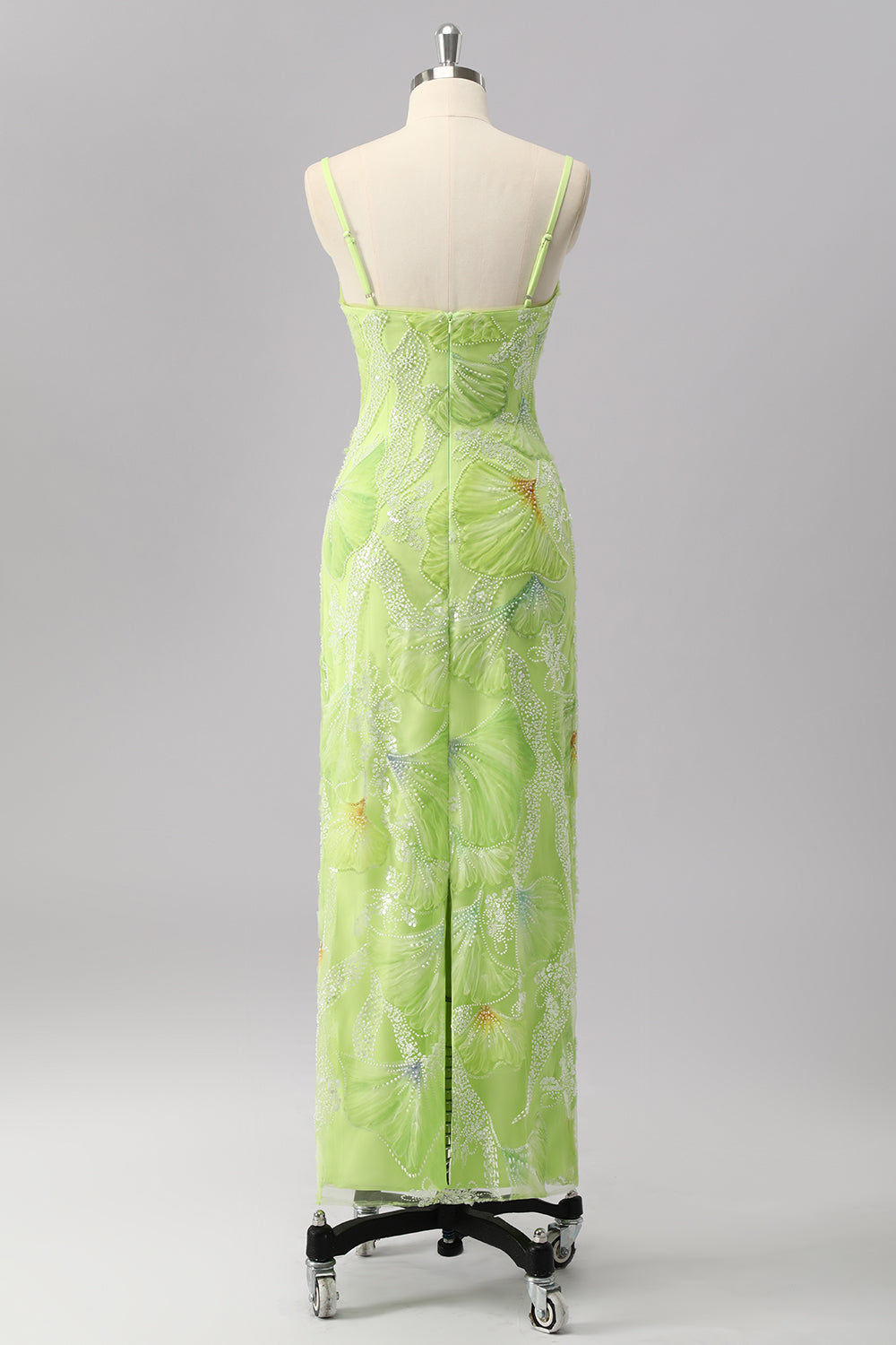 Grüne Etui Pailletten Spaghettiträger Perlenbesetztes Ballkleid mit Schlitz
