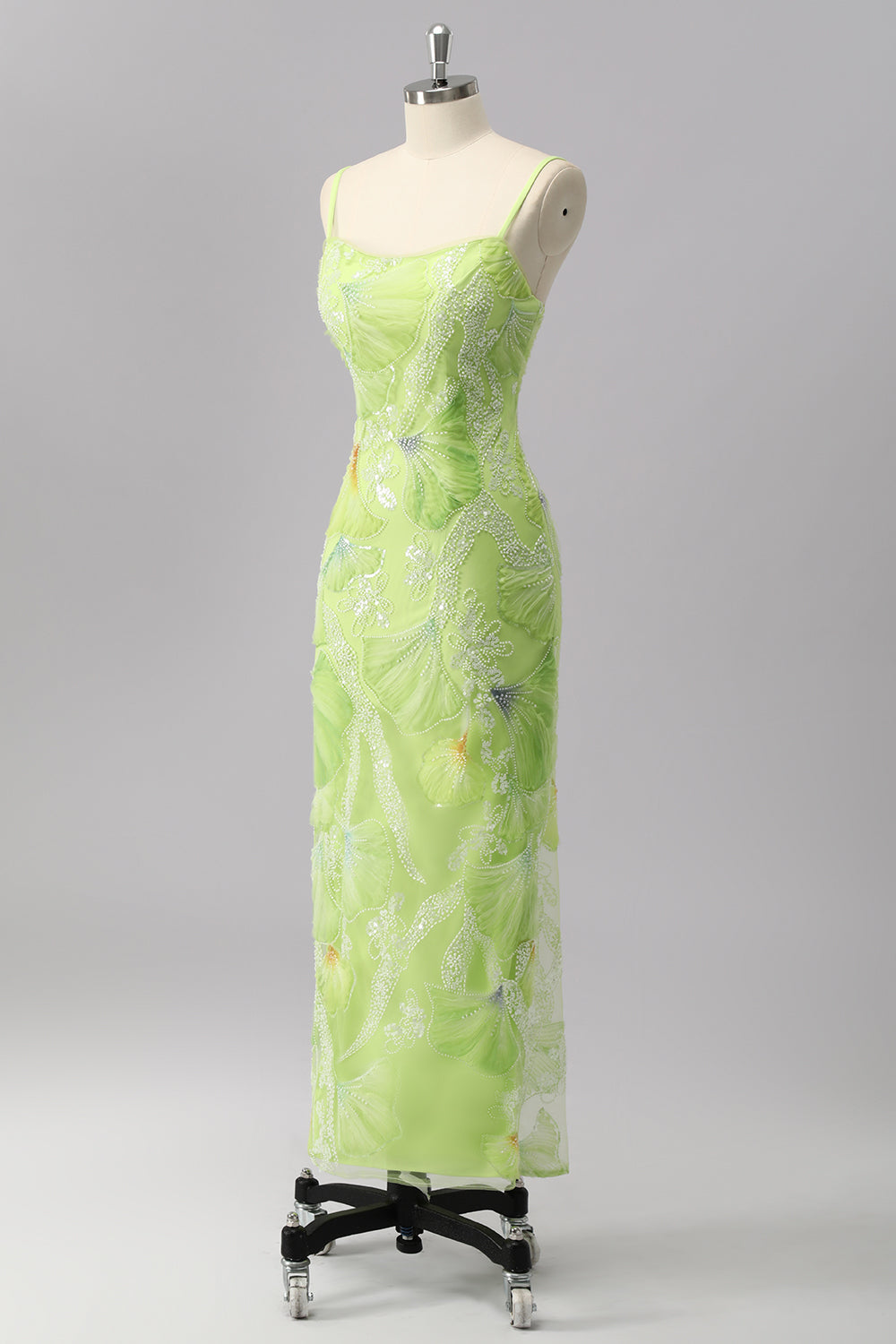 Grüne Etui Pailletten Spaghettiträger Perlenbesetztes Ballkleid mit Schlitz