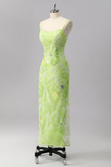 Grüne Etui Pailletten Spaghettiträger Perlenbesetztes Ballkleid mit Schlitz