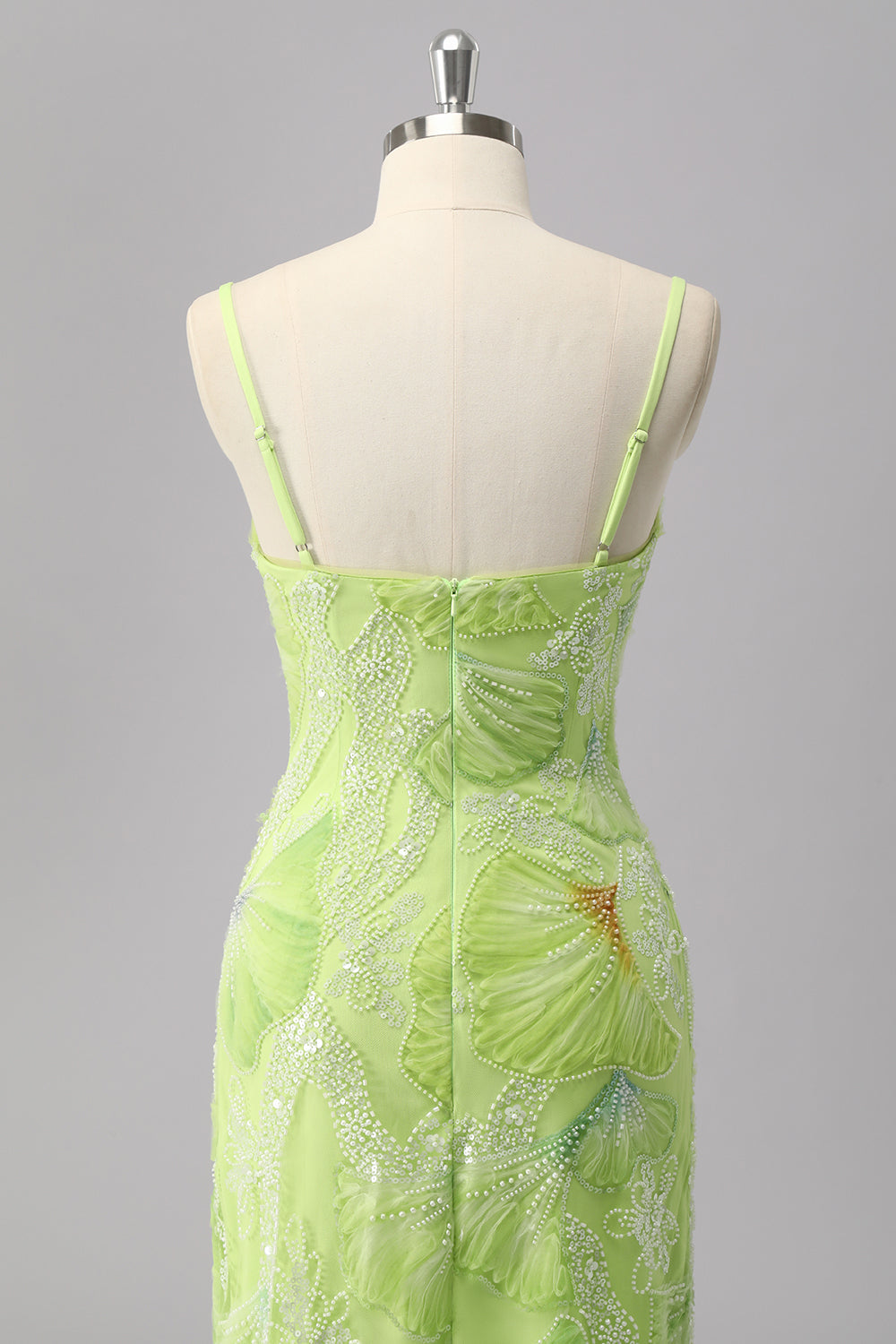 Grüne Etui Pailletten Spaghettiträger Perlenbesetztes Ballkleid mit Schlitz